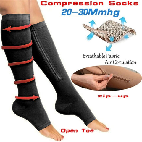 Overt Compression Zipper Socks - Knee High Zip, Open Toe & Solid Color Socks for Leg Support & Pain Relief - Black Overt Compression Zipper Socks - Knee High Zip, Open Toe & Solid Color Socks for Leg Support & Pain Relief - Black
