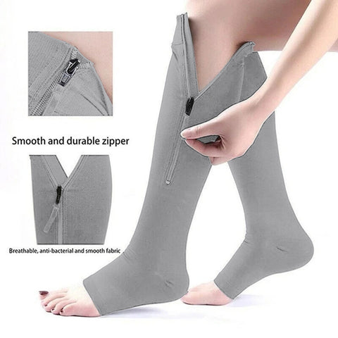 Overt Compression Zipper Socks - Knee High Zip, Open Toe & Solid Color Socks for Leg Support & Pain Relief - Gray Overt Compression Zipper Socks - Knee High Zip, Open Toe & Solid Color Socks for Leg Support & Pain Relief - Gray