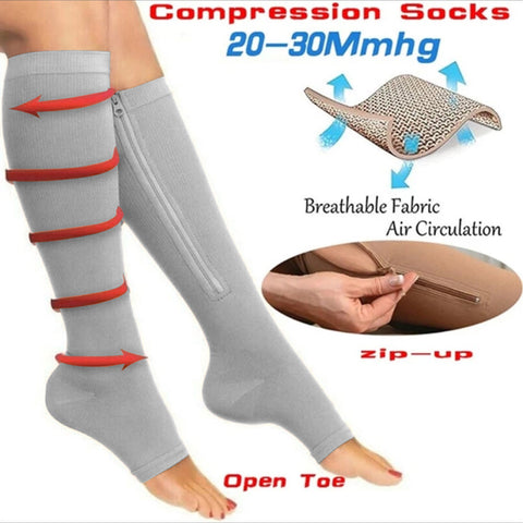 Overt Compression Zipper Socks - Knee High Zip, Open Toe & Solid Color Socks for Leg Support & Pain Relief - Gray Overt Compression Zipper Socks - Knee High Zip, Open Toe & Solid Color Socks for Leg Support & Pain Relief - Gray