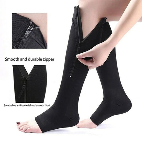 Overt Compression Zipper Socks - Knee High Zip, Open Toe & Solid Color Socks for Leg Support & Pain Relief - Black Overt Compression Zipper Socks - Knee High Zip, Open Toe & Solid Color Socks for Leg Support & Pain Relief - Black