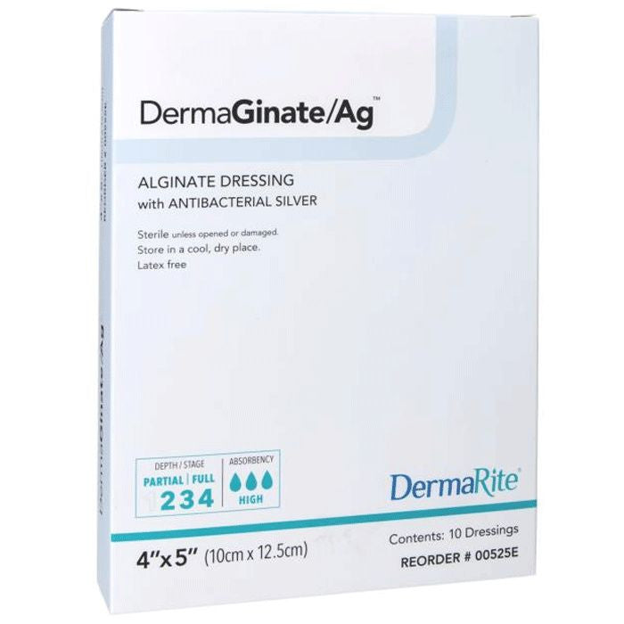 Dermaginate Ag Alginate Wound Dressing With Antibacterial Silver, 4" X 5" [ 10 Pack ]