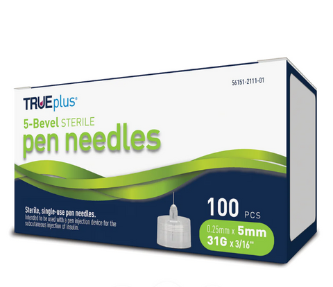 TRUEplus Sterile, Single-Use Pen Needles, 31g, 5mm  (3/16 inch) - 2 Pack