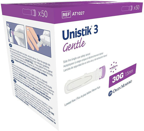 Owen Mumford Unistik 3 Gentle Safety Lancets 30G x 1.5mm - 50 Ct - #AT 1027