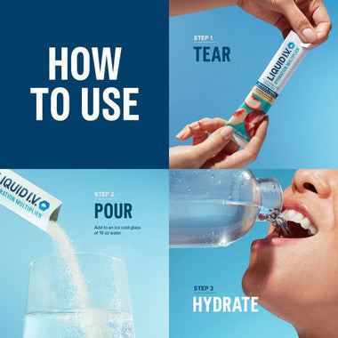 Pouring Liquid I.V. Lemon Lime powder into a glass of water