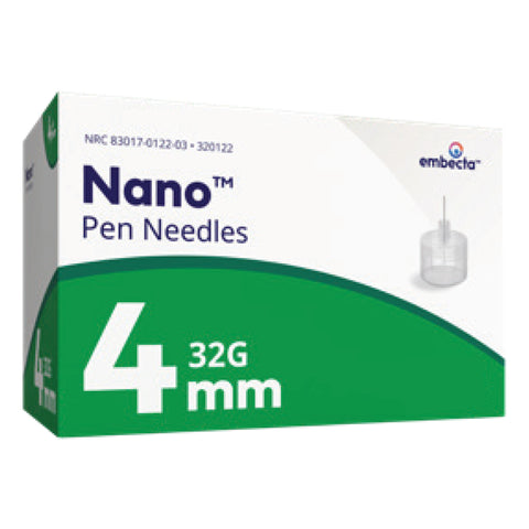 Box of Nano pen needles with specifications on a white background