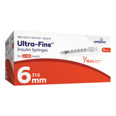 BD Embecta Veo Syringes 31g 3/10cc 6mm Half Unit Markings 100 Count