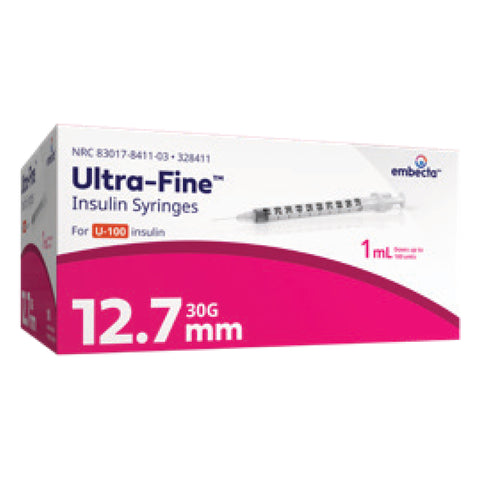 BD Embecta Ultra Fine Insulin Syringes 30 Gauge 1cc 1/2" Box of 90