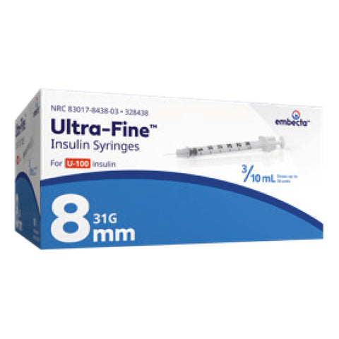 BD Embecta Ultra Fine U-100 Insulin Syringes 30G 3/10cc 1/2" X 12.7 MM- BX 90