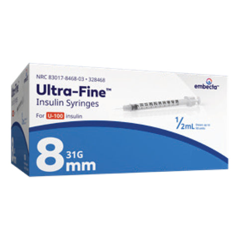 BD Embecta Ultra-Fine Insulin Syringes Short Needle 31G 1/2cc 5/16" 90ct