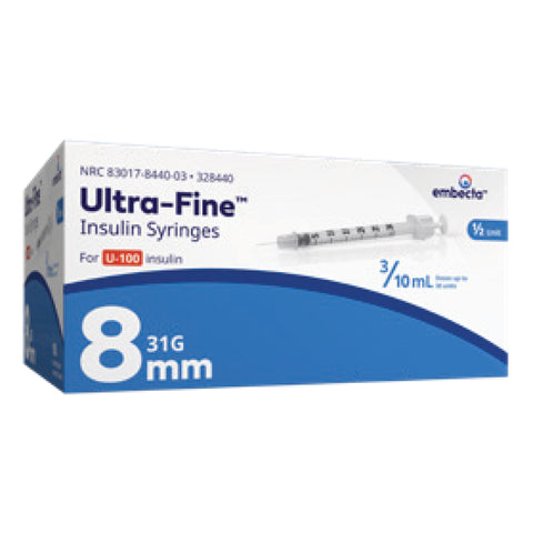 BD Embecta Ultra Fine U-100 Insulin Syringes 31G 8mm 90 Count Box