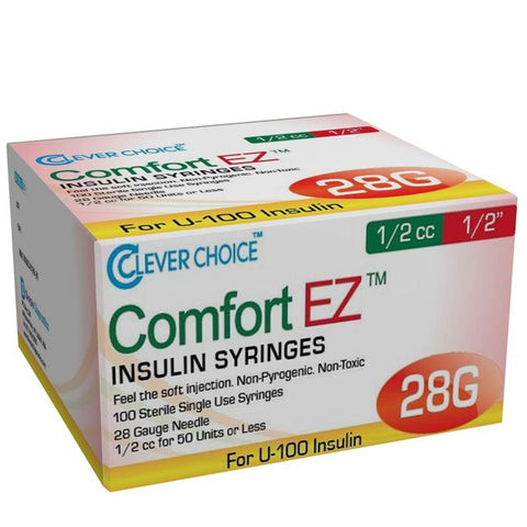 Clever Choice Comfort EZ Insulin Syringes 28G U-100 1/2 cc 1/2" 100/bx