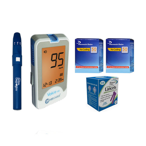 Clever Choice Voice HD Meter [+] Pharmacist Choice 100 Test Strips, Lancing Device & Lancets For Glucose Care