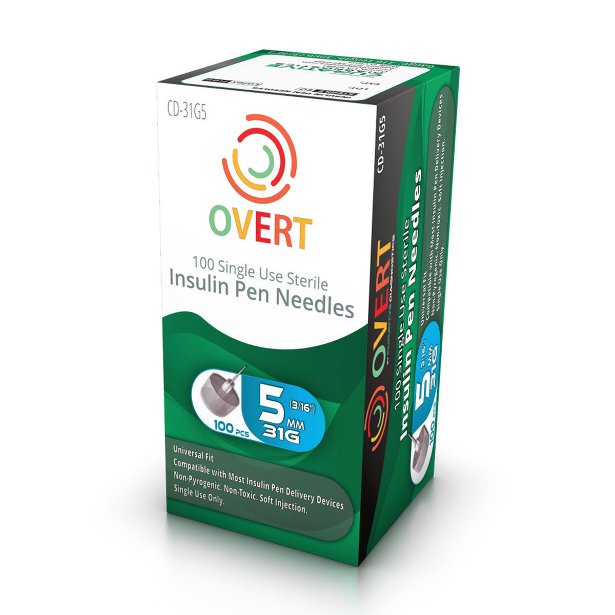 Overt Universal Fit, Tri Beveled Pen Needle - 31G 5mm -100 ct. By Curative Diagnostics