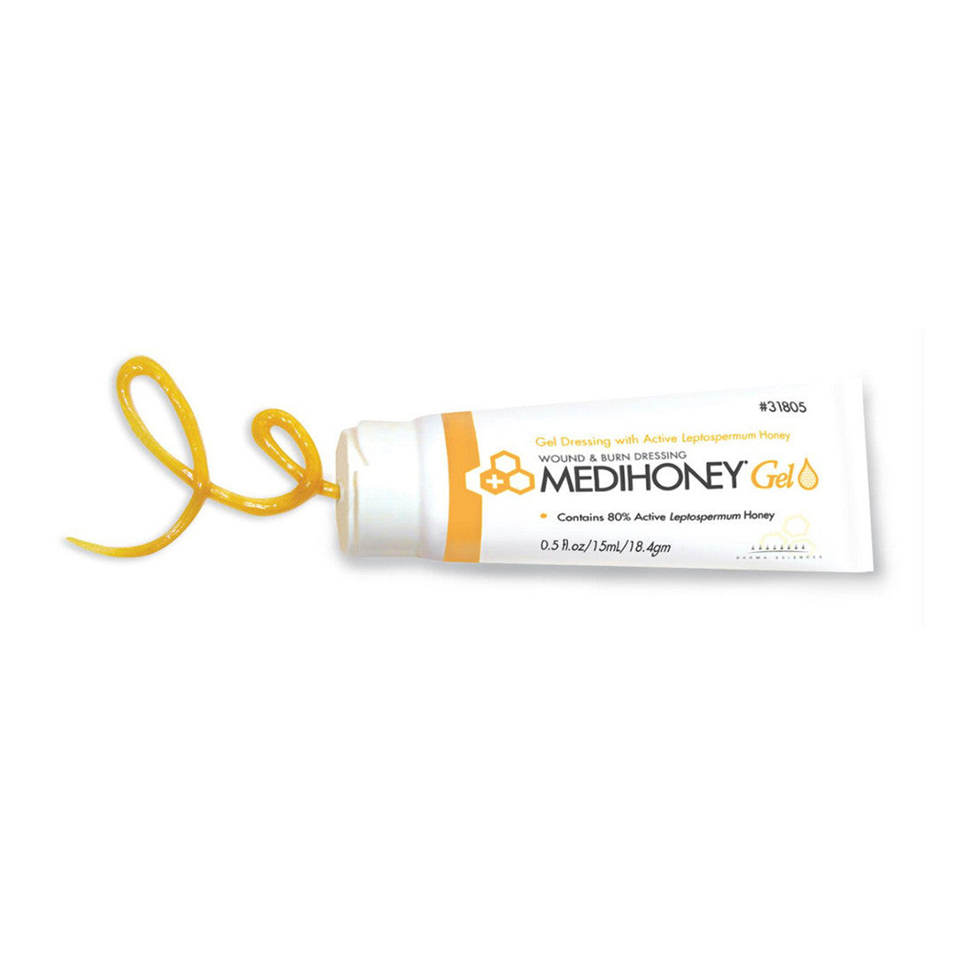 A 1.5 oz tube of Medihoney Gel, shown standing upright. The tube is white with a yellow cap and features the Medihoney logo, which includes a honeycomb design. The product is labeled as medical-grade honey gel used for wound care, indicating it is intende