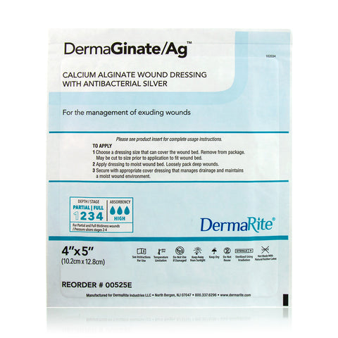 Dermaginate Ag Alginate Wound Dressing With Antibacterial Silver, 4" X 5" [ 10 Pack ]