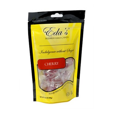 Eda's sugar-free cherry hard candy in a clear bag