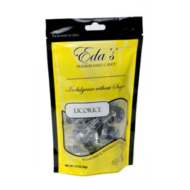 Eda's sugar-free licorice hard candy in a clear bag