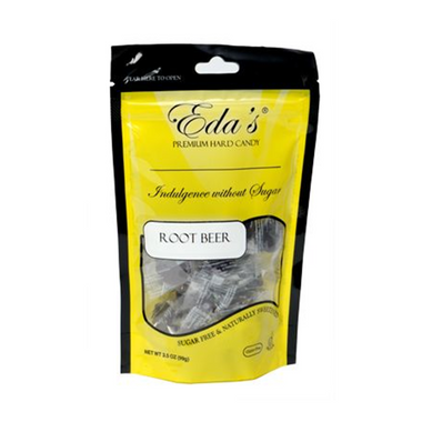 Eda's sugar-free root beer hard candy in a clear bag