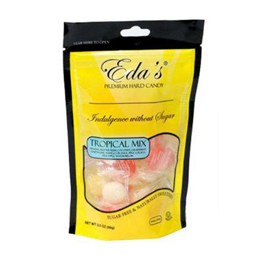 Eda's sugar-free tropical mix hard candy in a clear bag