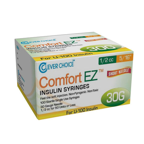 Clever Choice Comfort EZ Insulin Syringes 30G U-100 1/2 cc 5/16 - 100/bx