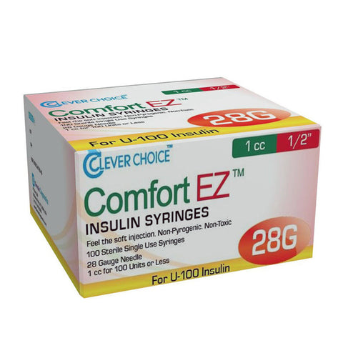  Clever Choice U-100 Comfort EZ Insulin Syringes 28G - 1 cc - 1/2 - [ 100/bx ]