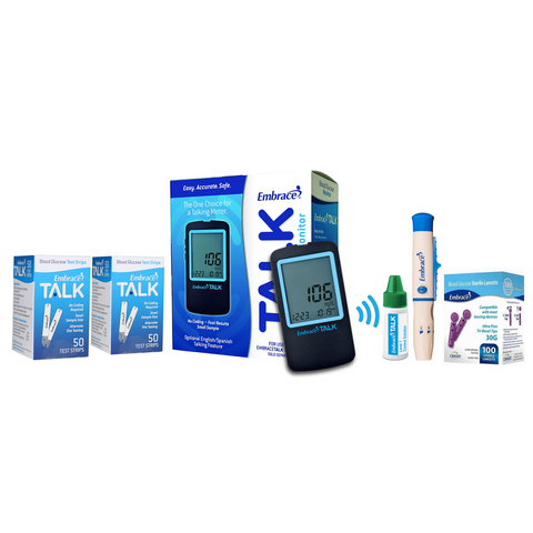 Embrace Talking Blood Glucose Meter, 100 Test strips Control Solution, Lancing Device, & Lancets