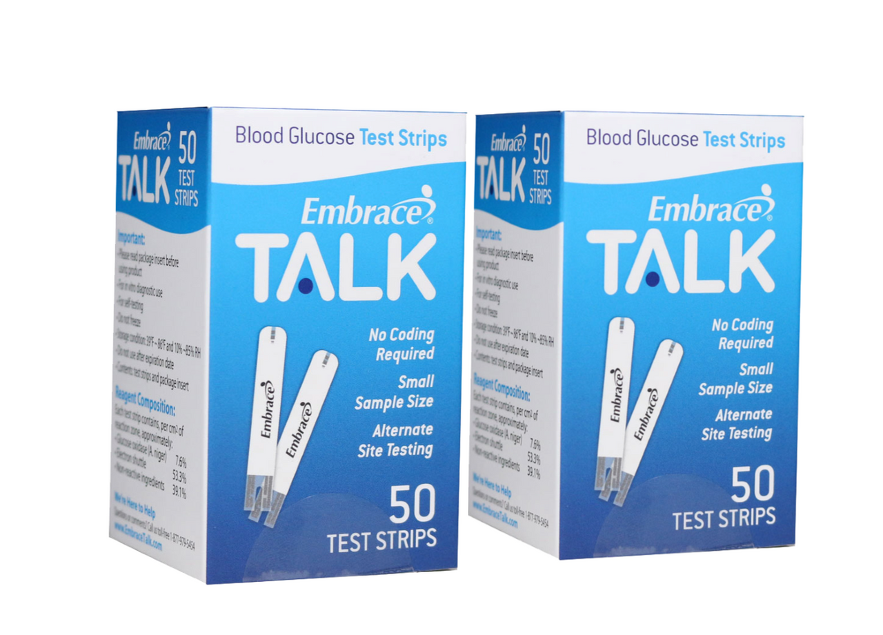 Embrace Talking Blood Glucose Meter, 100 Test strips Control Solution, Lancing Device, & Lancets