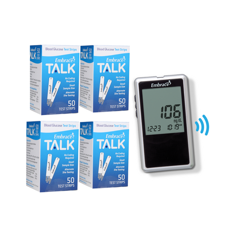 Embrace Blood Glucose Meter & Test Strips Bundle - 200 Test Strips, Talking Monitor