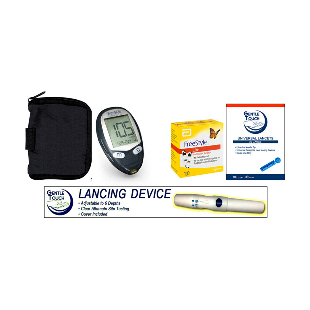 Abbott FreeStyle Freedom Lite Meter [+] Freestyle 100 Test Strips, Lancing Device & Lancets For Glucose Care