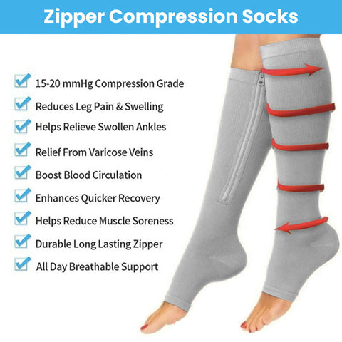 Overt Compression Zipper Socks - Knee High Zip, Open Toe & Solid Color Socks for Leg Support & Pain Relief - Gray