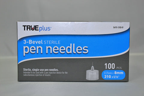 TRUEplus Sterile, Single-Use Pen Needles, 31g, 8mm (5/16 inch) - 100/Box