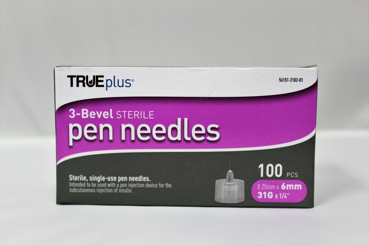 TRUEplus Sterile, Single-Use Pen Needles, 31g, 6mm (1/4 inch) 100 Pack