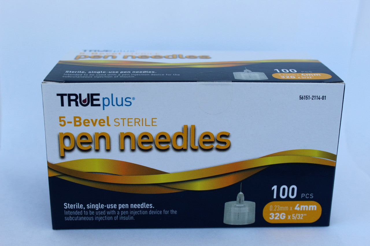 TRUEplus 5-Bevel Sterile, Single-Use Pen Needles, 32g, 4mm (5/32 inch) 100 Pack