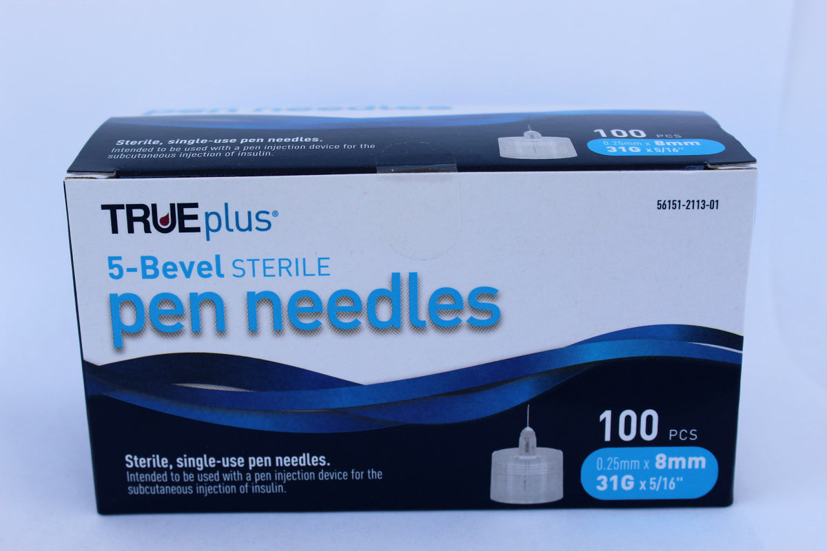 TRUEplus 5-Bevel Sterile, Single-Use Pen Needles, 31g, 8mm (5/16 inch) - 100/Box