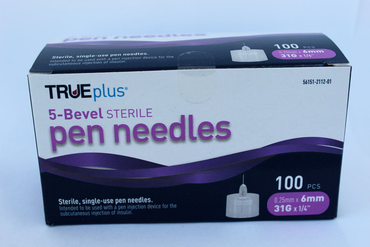 TRUEplus 5-Bevel Sterile, Single-Use Pen Needles, 31g, 6mm (1/4 inch) 100 Pack