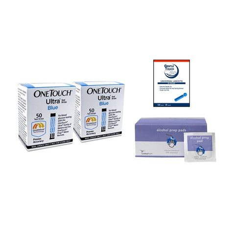 OneTouch Ultra Blue 100 Test Strips Strips [+] 30G Lancets & Alcohol Swabs For Glucose Care