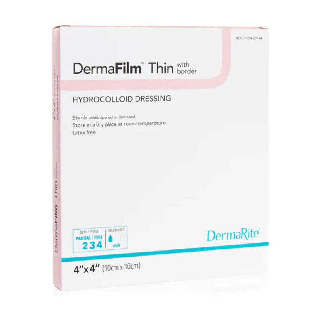 Dermafilm Hydrocolloid Wound Dressing, Thin With Border, 4" X 4"