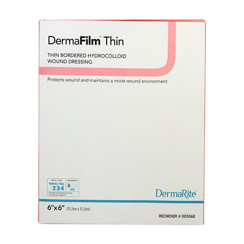 Dermafilm Hydrocolloid Wound Dressing, Thin With Border, 6" X 6" [ 5 Pack ]