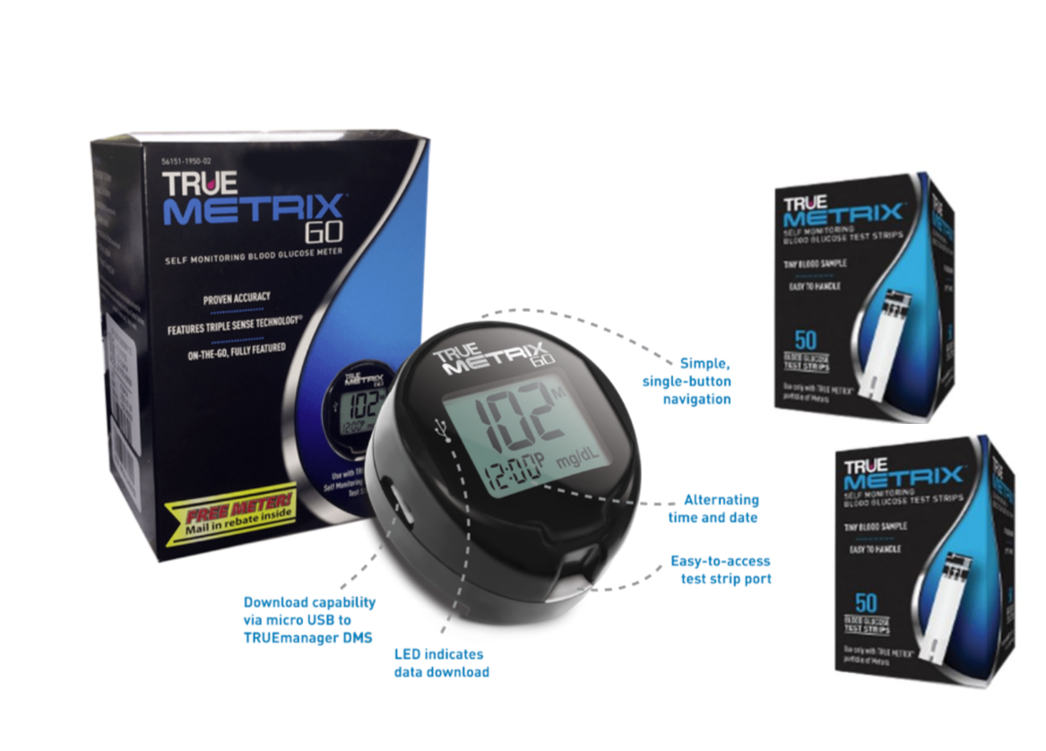 TRUE Metrix GO Blood Glucose Meter kit Plus Metrix 100 Test Strips