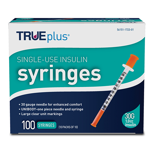 TRUEplus U-100 Insulin Syringe 30G x 5/16" - 1.0 cc 100 ct #S4H01C30