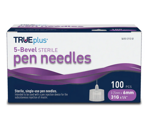 TRUEplus 5-Bevel Sterile, Single-Use Pen Needles, 31g, 6mm (5/16 inch) - 100 Box by Trividia Health available at Diabetic Pro