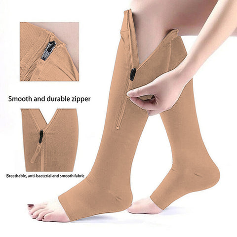 Overt Compression Zipper Socks - Knee High Zip, Open Toe & Solid Color Socks for Leg Support & Pain Relief - Skin Coffee