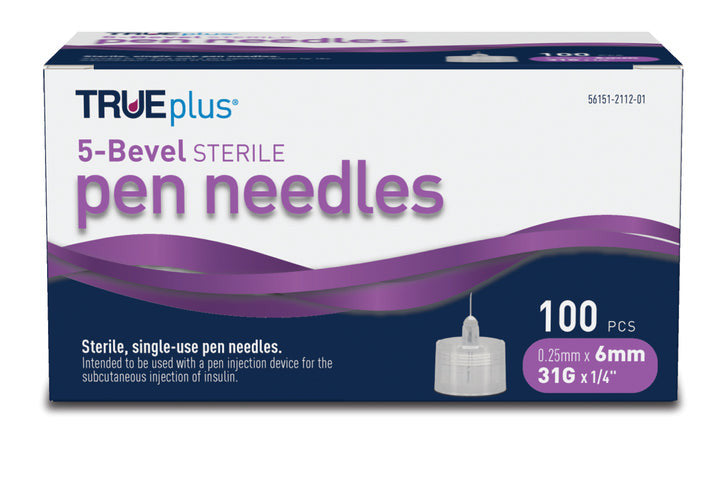 TRUEplus 5-Bevel Sterile, Single-Use Pen Needles, 31g, 6mm (1/4 inch) - 2  Pack