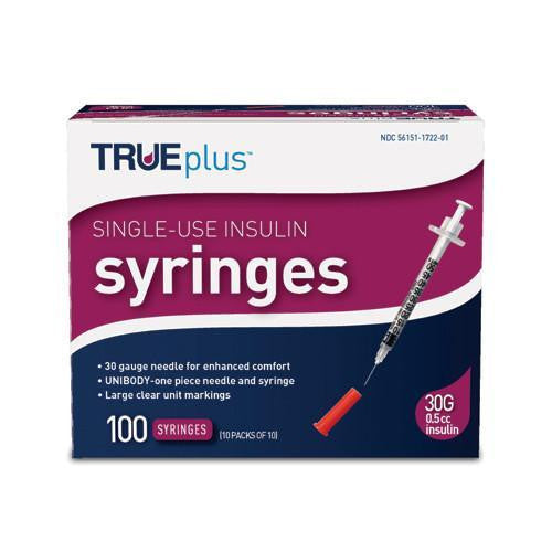 TRUEplus U-100 Insulin Syringe 30G x 5/16" - 0.5 cc 100 ct #S4H01B30