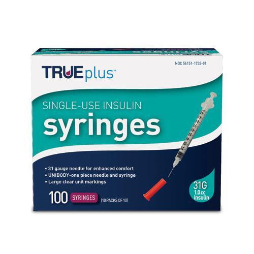 TRUEplus U-100 Insulin Syringe 31G x 5/16" - 1.0 cc 100 ct #S4H01C31