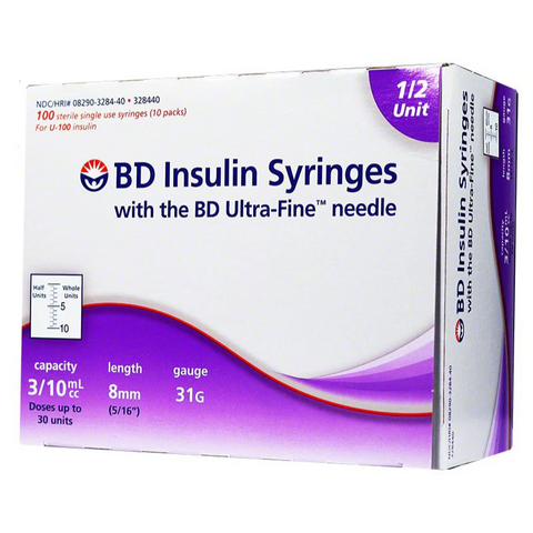BD Embecta Insulin Syringes 31g 8mm 3/10cc 1/2 Unit Markings 100 Count