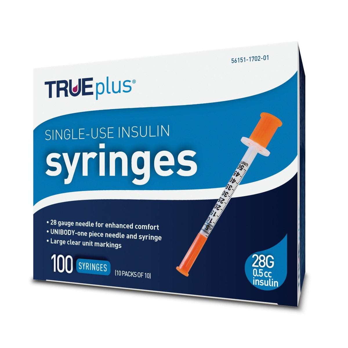TRUEplus U-100 Insulin Syringe 28G x 1/2" - 0.5 cc 100 ct #S4H01B28