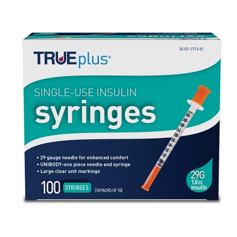 TRUEplus U-100 Insulin Syringe 29G x 1/2" - 1.0 cc 100 ct #S4H01C29