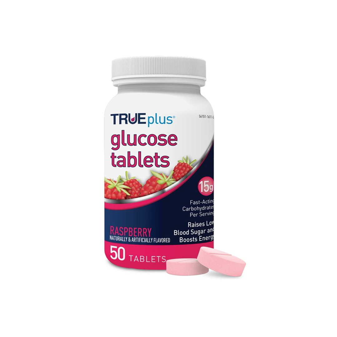 TRUEplus Glucose Tablets 15g Raspberry 50 Ct