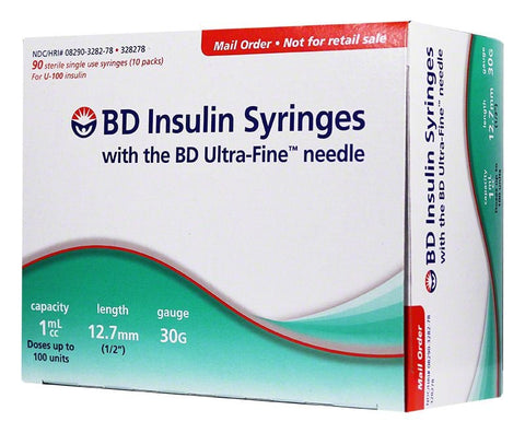 BD Ultra Fine Insulin Syringes 30 Gauge 1cc 1/2" Box of 90